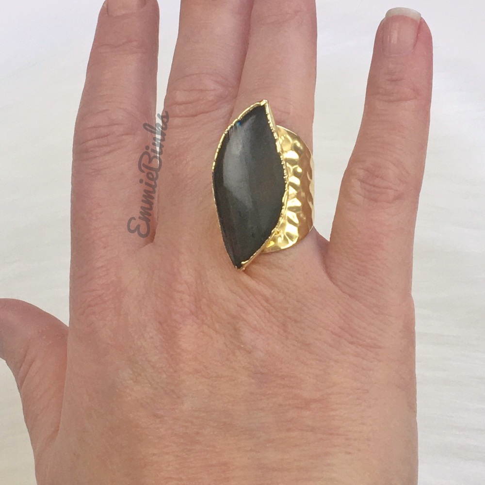 New Natural Labradorite Crystal Cocktail Ring / Water Drop Statement Ring